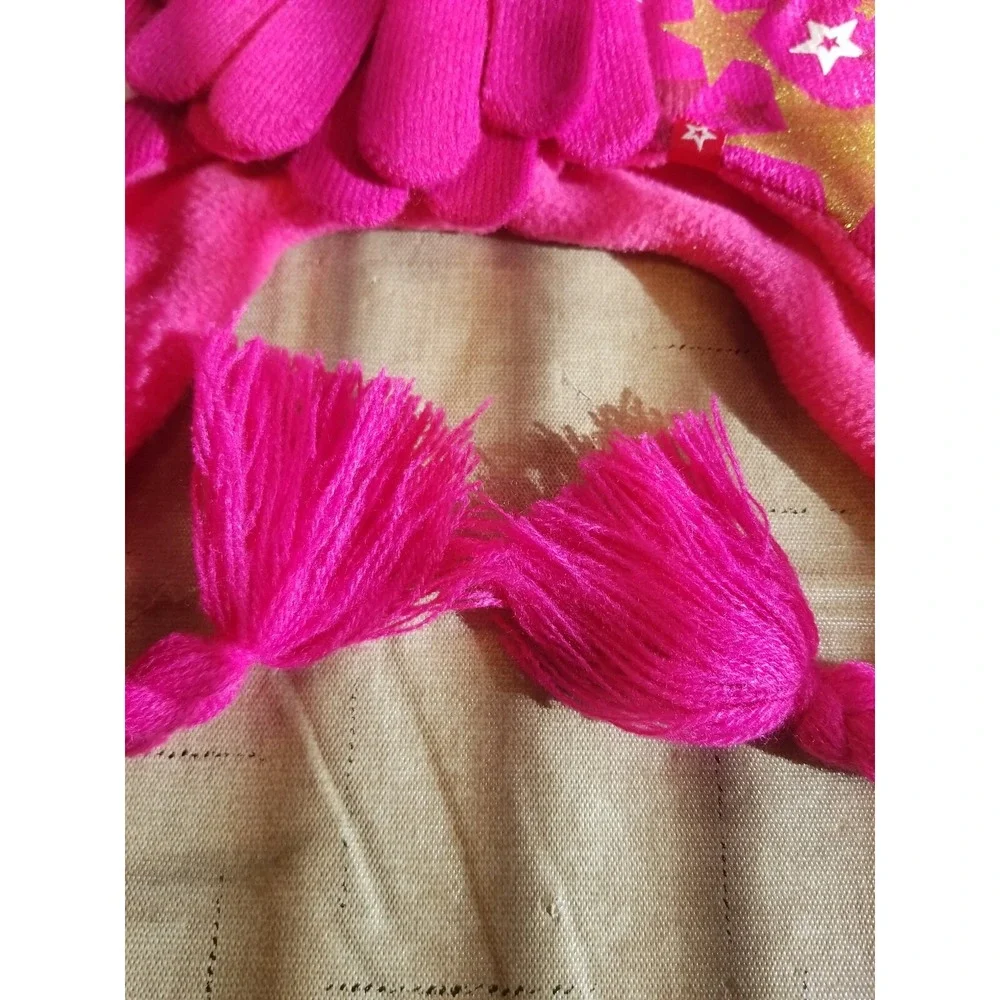 American  Girl  Pink/Gold Star  Pom Pom‎ Tie Knit Hat/Gloves Size 8+ Years